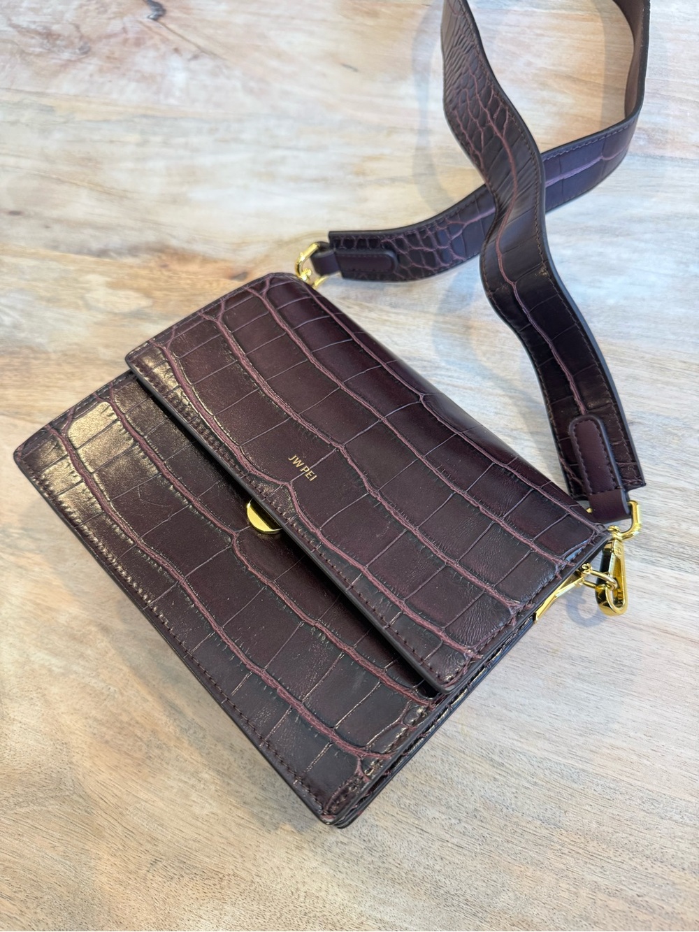 JW PEI Croc-Embossed Crossbody Bag in Deep Plum with Gold Hardware